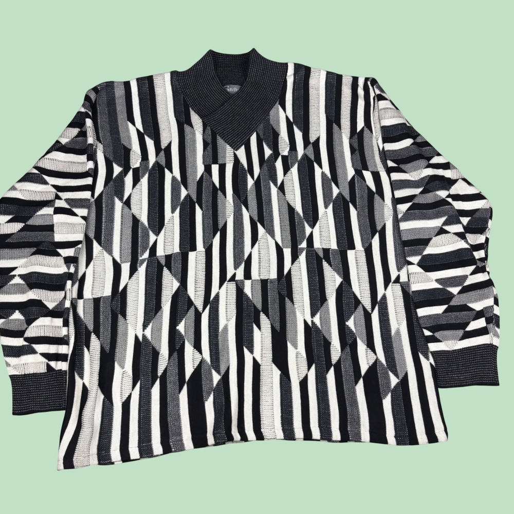 Silversilk Mens 4XL Geometric Abstract Knit Sweater Black White Grey Long Sleeve